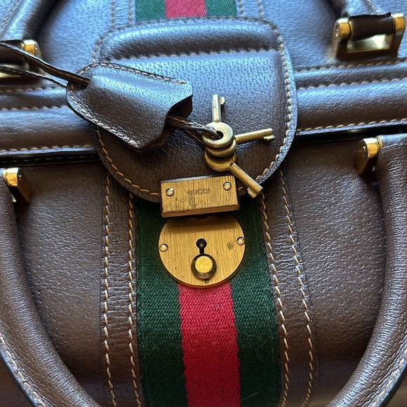 GUCCI Brown Gucci web Train case Authentic Rare Vintage w/ keys Clean Pristine - Picture 7 of 13
